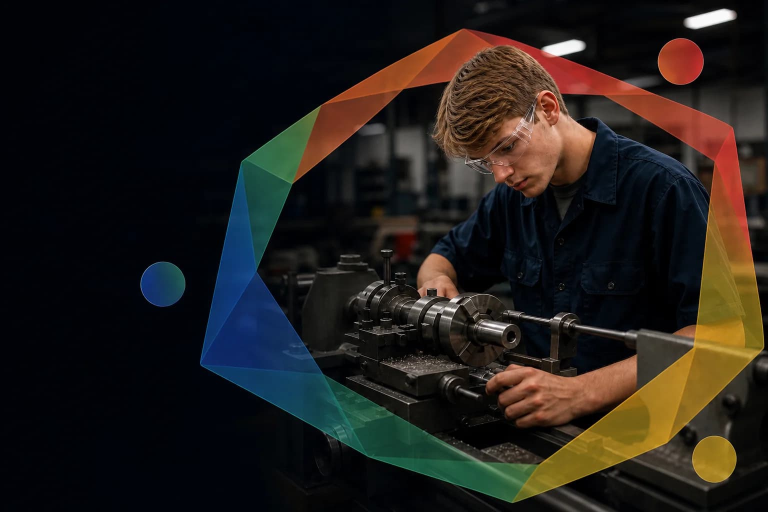 A student operating a metal lathe framed by the colorful Pickaway Works brand ring