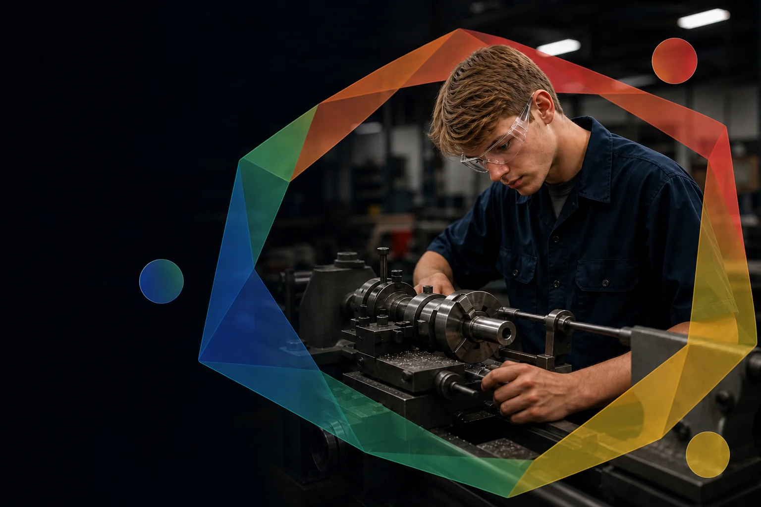 A student operating a metal lathe framed by the colorful Pickaway Works brand ring